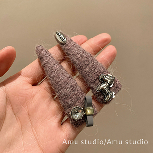 一对装 高级感毛线缠绕水钻小马发夹女甜美前额碎发BB夹侧边刘海夹