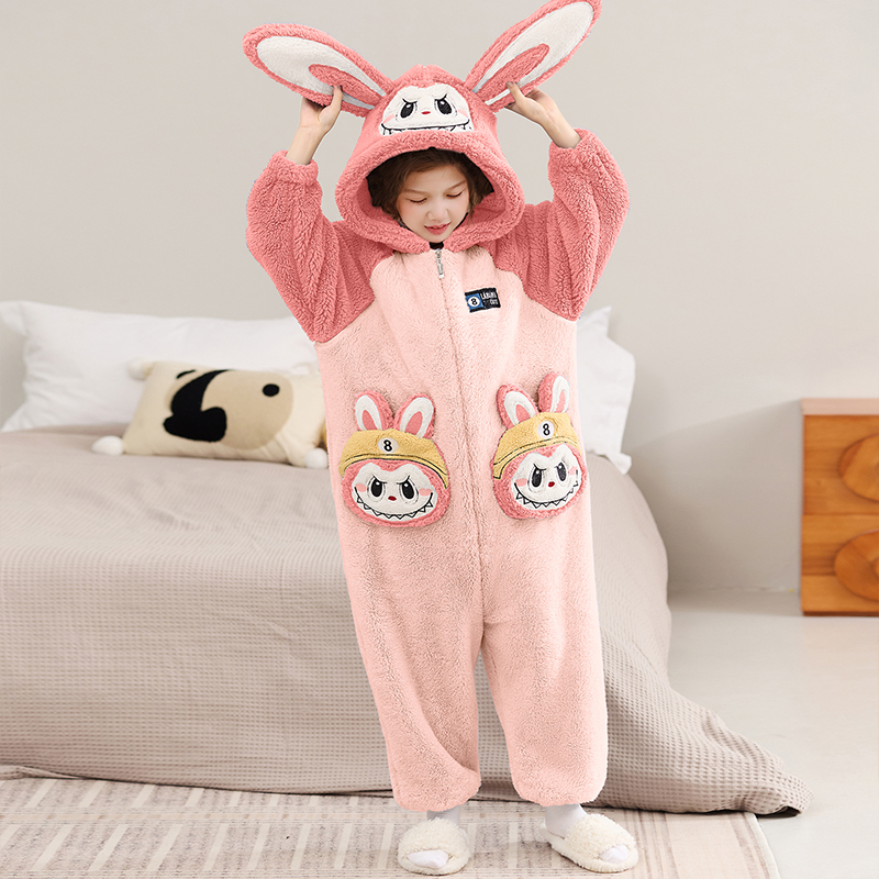 女童连体拉链睡衣防踢