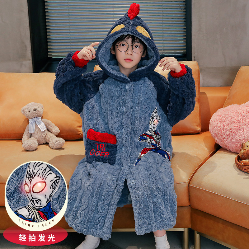 儿童睡衣冬天连帽麻花绒男童奥特曼卡通法兰绒加厚家居睡袍中大童