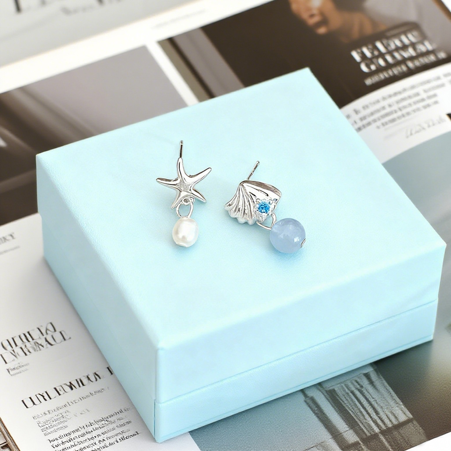 S925纯银天然淡水珍珠海蓝宝贝壳耳钉女蓝色锆石轻奢气质百搭耳饰