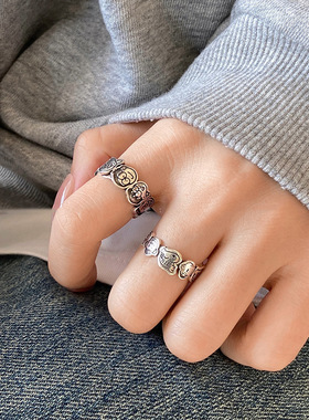 复古款哆啦A梦小新一家人可爱卡通人开口戒指女ins小众设计食指戒