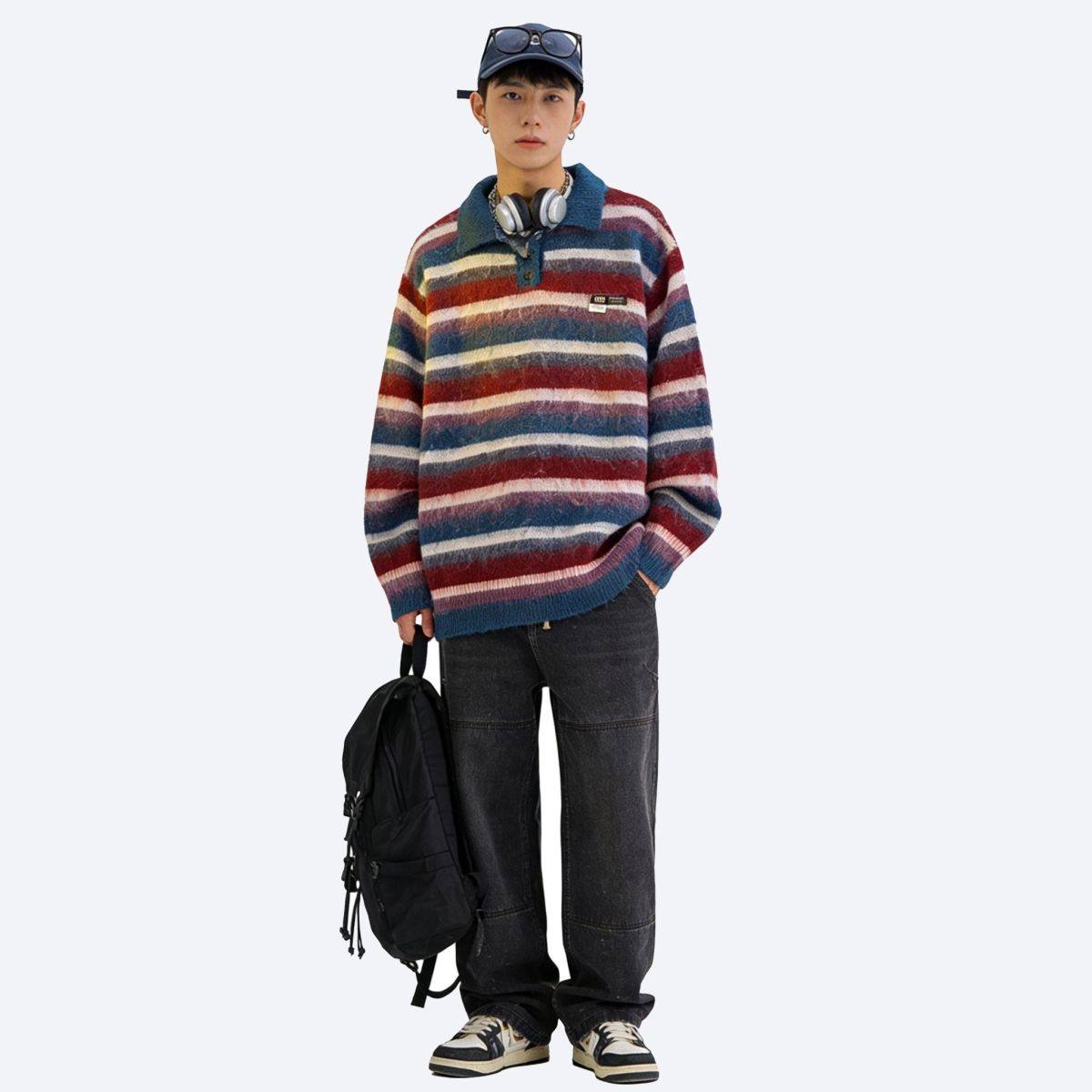 007 007潮牌日系慵懒复古宽松翻领条纹毛衣小众设计感上衣男,男装,针织衫/毛衣,淘宝优惠券,粉丝福利购,淘宝优惠卷