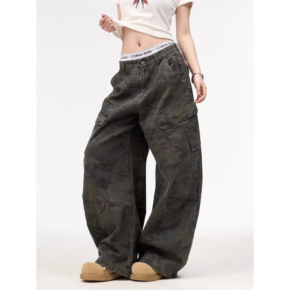 美式复古迷彩多口袋廊形弯刀牛仔裤男款阔腿裤潮流阔腿镰刀牛仔裤