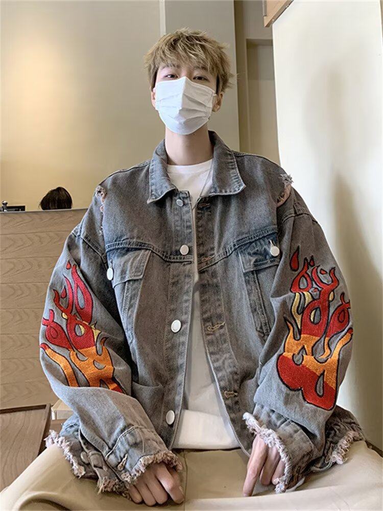 破洞火焰26新款美式复古休闲外套宽松显瘦百搭潮牌上衣男女款加绒