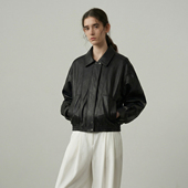 短外套XT6173 宽松长袖 NOON松紧下摆拉链翻领皮衣女2026春季 新款