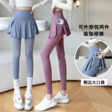 假两件瑜伽裤2025新款外穿鲨鱼裤裙大码胖mm健身运动裤女跑步专用