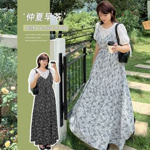 法式 大码 女装 7958轩辰胖MM夏季 风气质碎花连衣裙纯色 新款