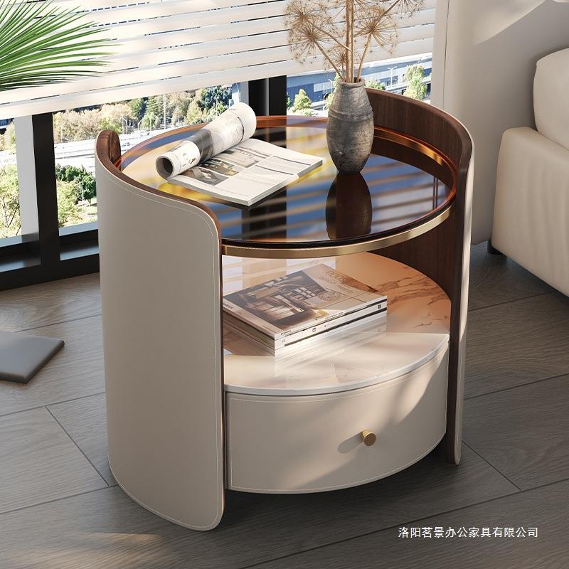 意式圆形床头柜极简马鞍皮现代高端斗柜卧室床边实木收纳小柜子