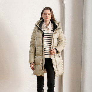 名师路白鸭绒羽绒服女中长款2024年冬季新款立领连帽外套直筒长袖