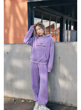 Would You原创做旧染色刺绣复古卫衣套装 紫色休闲卫裤