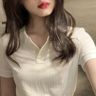 小巧可爱少女polo衫 女短款短袖 透气V领上衣 收腰修身显瘦ins潮