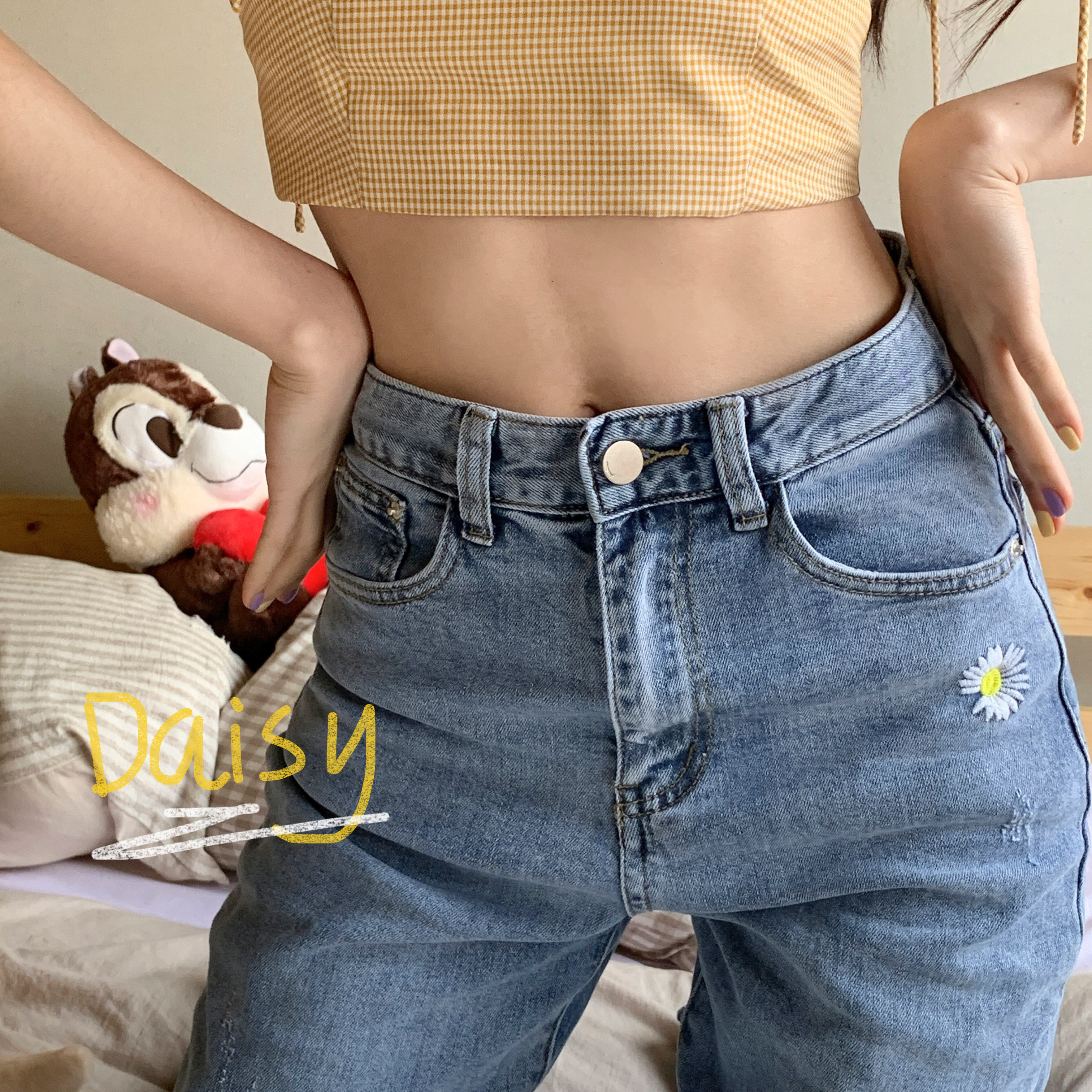 Tracystyle小雏菊刺绣高腰牛仔裤女直筒阔腿泫雅风垂感宽松九分裤