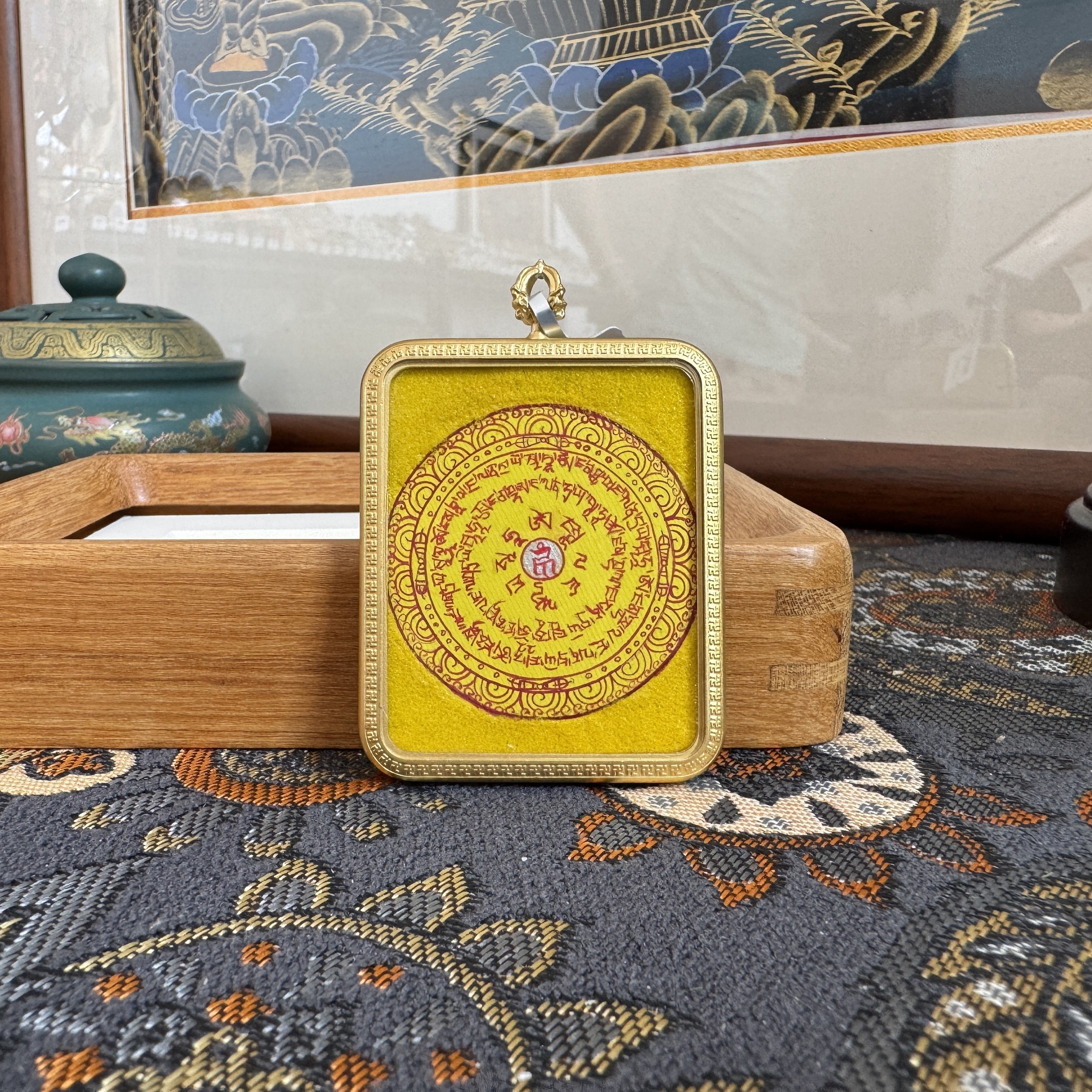 【K000269】西藏热贡尼泊尔纯手绘黄财神咒咒唐卡吊坠4*5