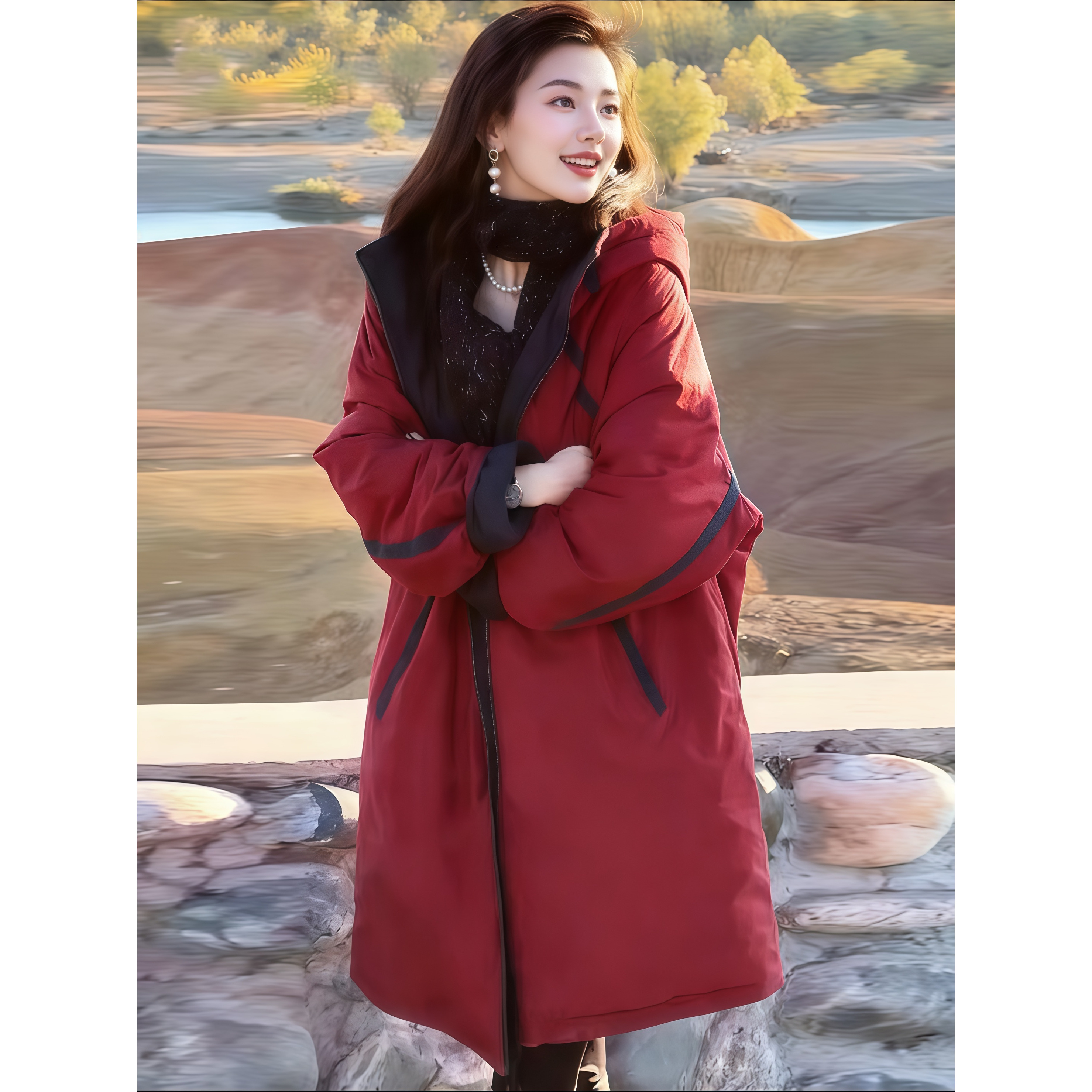素雅订制女装原创品牌冬季时尚气质加厚洋气双面穿连帽棉服外套女