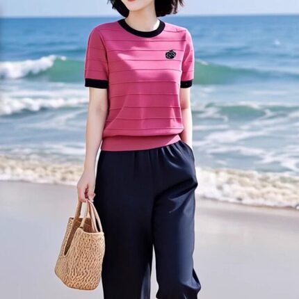 素雅订制女装原创品牌新款凉爽遮肉针织衫宽松舒适休闲裤两件套装