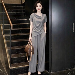 素雅订制女装原创品牌夏季圆领短袖套装女新款上衣直筒裤子两件套