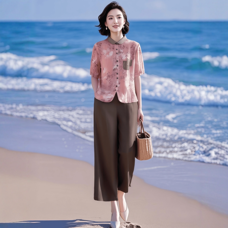 素雅订制女装原创品牌旗舰夏小翻领宽松衬衫松紧腰舒适阔腿裤套装