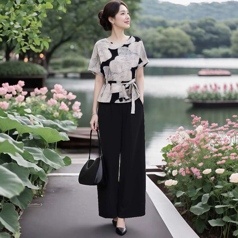 素雅订制女装原创品牌轻奢高级感气质上衣短袖超好看阔腿裤两件套