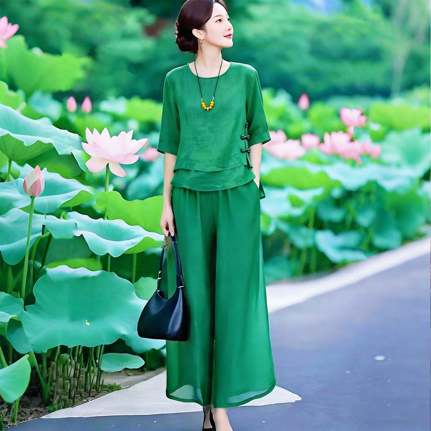 素雅订制女装原创品牌2026夏季新款气质假两件上衣松紧腰裤子套装