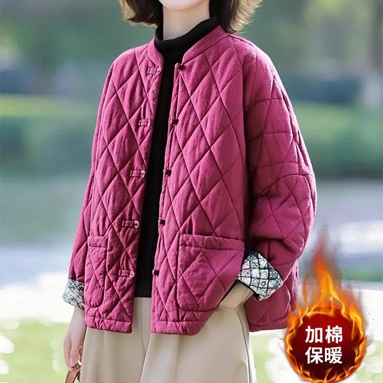 素雅订制女装原创品牌妈妈装棉服秋冬新款中国风菱格盘扣夹棉外套