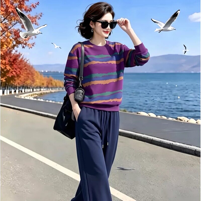 素雅订制女装原创品牌2026秋季新款时尚印花卫衣松紧腰休闲裤套装
