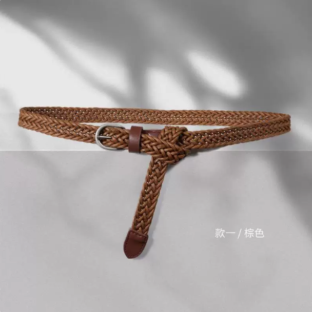 麻花编织腰带女细夏季装饰裤带大码百搭连衣裙免打孔棕色皮带加长