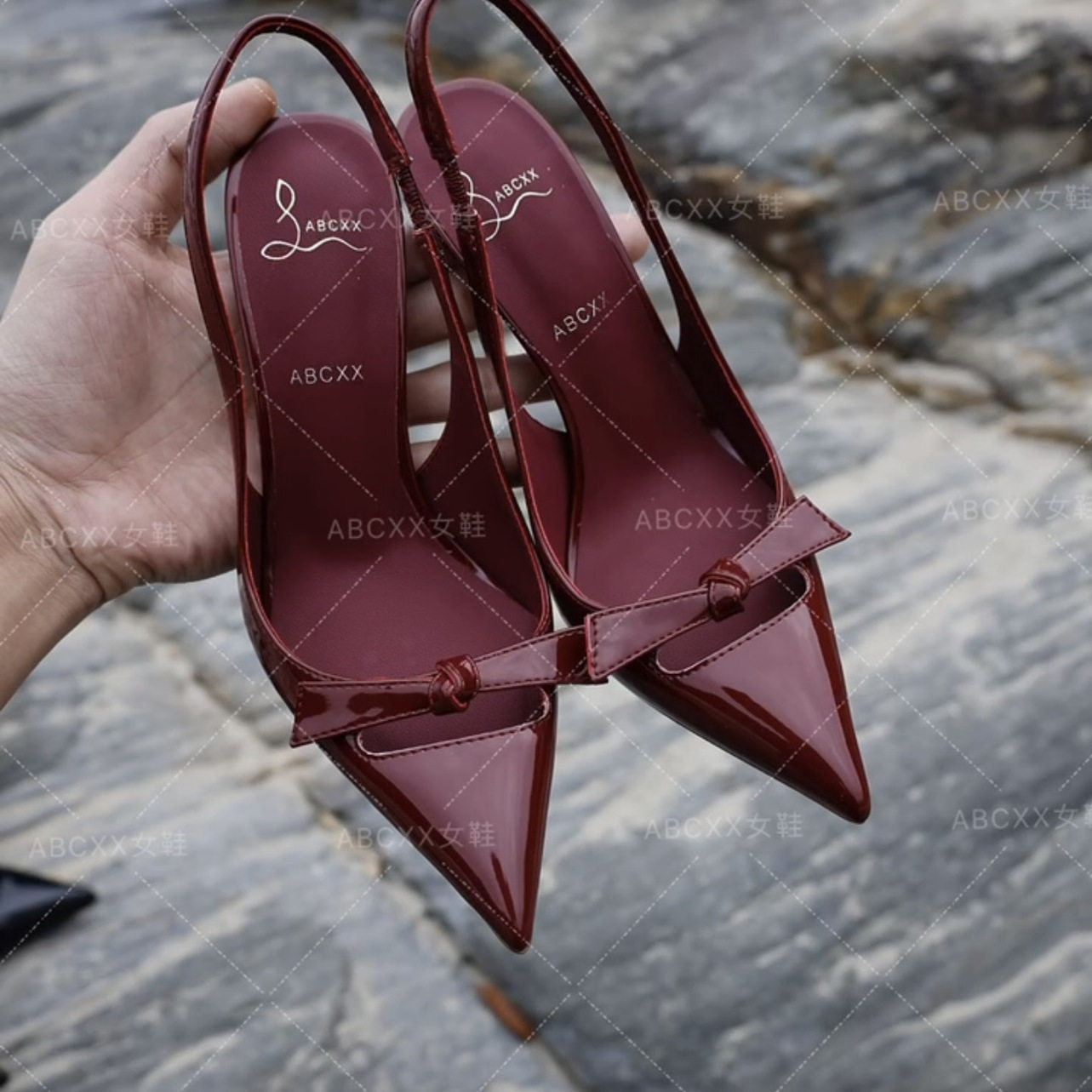 酒红色细跟2025夏新款蝴蝶结高跟鞋女气质尖头后空包头凉鞋 ABCXX