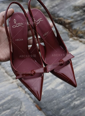 酒红色细跟2025夏新款蝴蝶结高跟鞋女气质尖头后空包头凉鞋 ABCXX