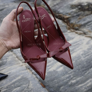 ABCXX 女气质尖头后空包头凉鞋 酒红色细跟2025夏新款 蝴蝶结高跟鞋