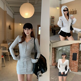 连帽休闲T恤打底衫 上衣女春季 26010 修身 韩系半开领排扣正肩长袖