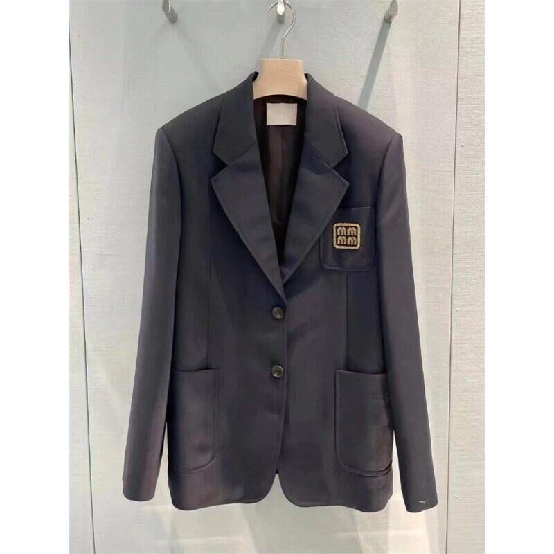 字母刺绣海军蓝职业西装外套西服