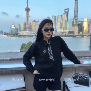 女秋老钱时尚 套装 休闲松弛感两件套 翻领麻花针织毛衣短裤 香香