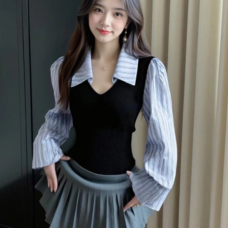 假两件灰色针织马甲拼接长袖衬衫