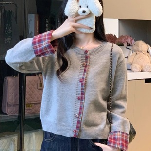 宽松保暖上衣 毛衣女秋冬季 香香family 灰色圆领拼接格子针织开衫