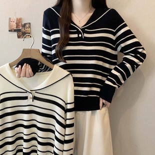 洋气条纹针织衫 内搭打底衫 毛衣女胖MM显瘦休闲上衣女 秋冬女装 大码