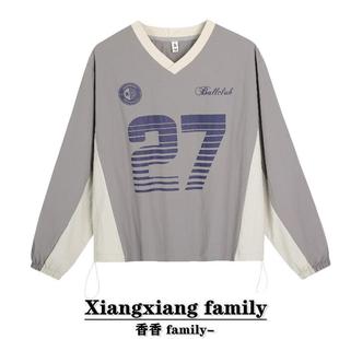 香香 运动撞色卫衣秋冬女灰色拼接字母印花松紧上衣 街头v领美式