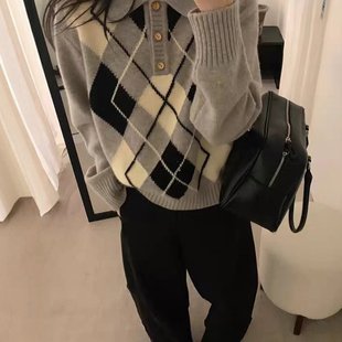 女 胖mm菱格翻领针织毛衣短裙复古巨好看套装 秋冬季 穿搭一整套大码