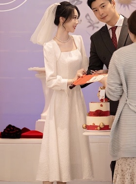 白色礼服领证结婚登记照小白裙订婚礼服连衣裙女高级感晚宴小个子