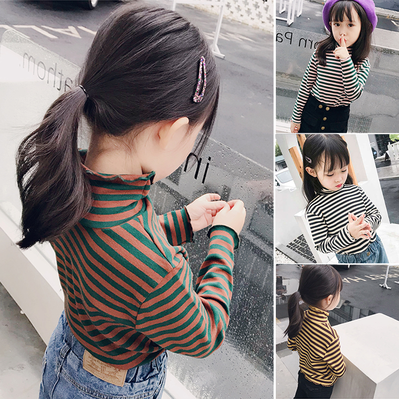 打底衫高领小女孩条纹洋气秋冬装