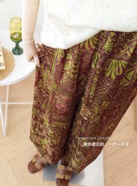 复古印花松紧腰花裤子女