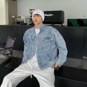 浅蓝色牛仔外套男潮流百搭夹克男宽松牛仔衣 秋季 XMOB STUDIO新款