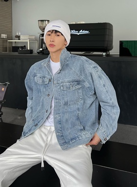 XMOB STUDIO新款秋季浅蓝色牛仔外套男潮流百搭夹克男宽松牛仔衣