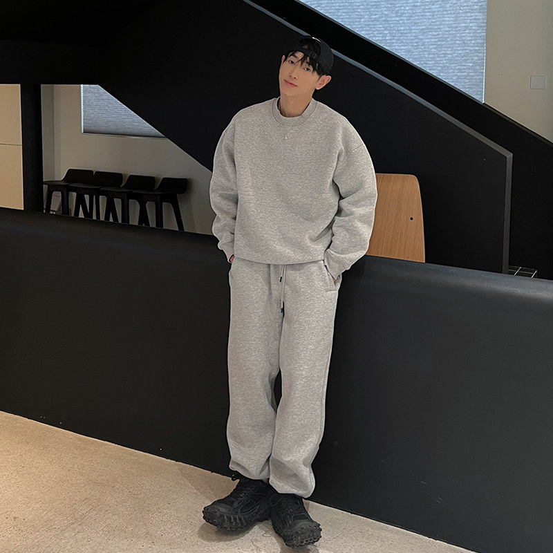 XMOB STUDIO冬季新款灰色圆领卫衣男加绒加厚宽松套头美式潮流