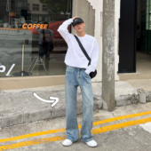 男女款 XMOB 男宽松阔腿百搭显高显瘦拖地长裤 水洗微喇牛仔裤 韩版