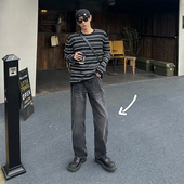 XMOB 男宽松百搭潮流阔腿长裤 STUDIO 黑灰色水洗复古直筒牛仔裤