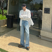 XMOB 潮 男直筒显瘦长裤 STUDIO美式 水洗复古做旧浅蓝色微喇牛仔裤