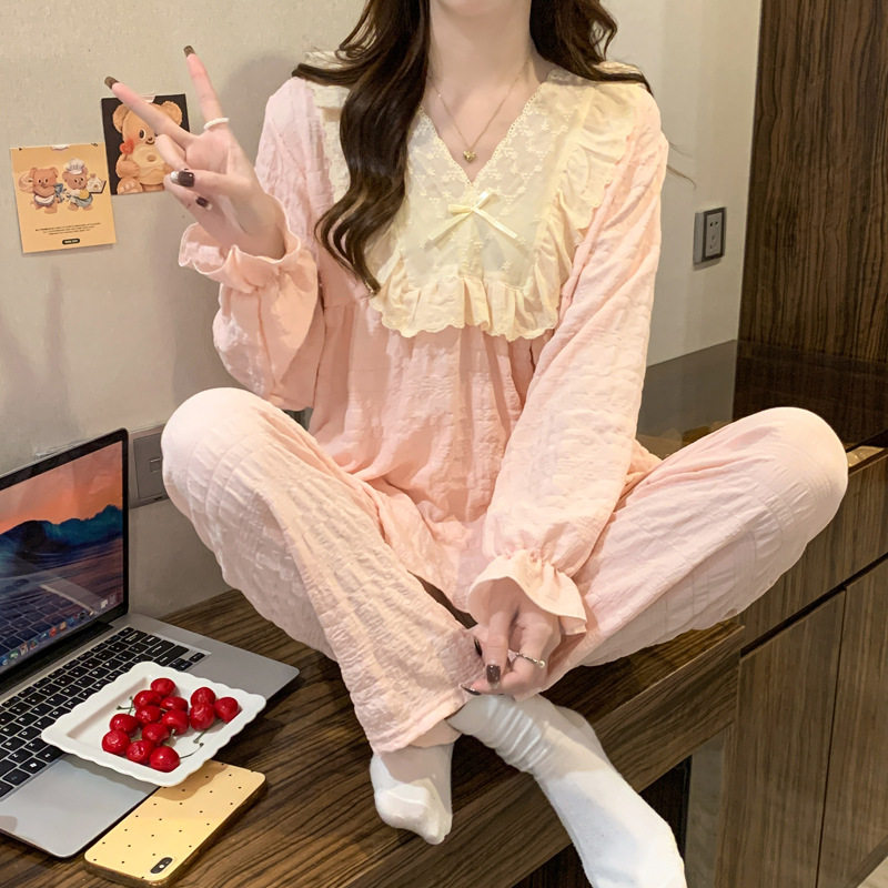 恒源祥长袖公主风睡衣女薄款法式撞色蕾丝花边睡衣套装春秋季仙女