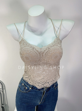DAISYJING25新款纯欲性感透视蕾丝后背交叉带胸垫吊带内搭背心女