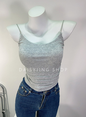 DAISYJING2025新款修身褶皱显胸双层吊带背心女U领带胸垫内搭上衣