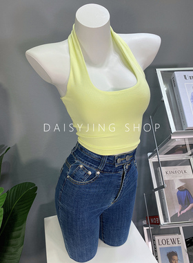 DAISYJING2025新款纯欲百搭紧身挂脖露背短款外穿吊带背心上衣女